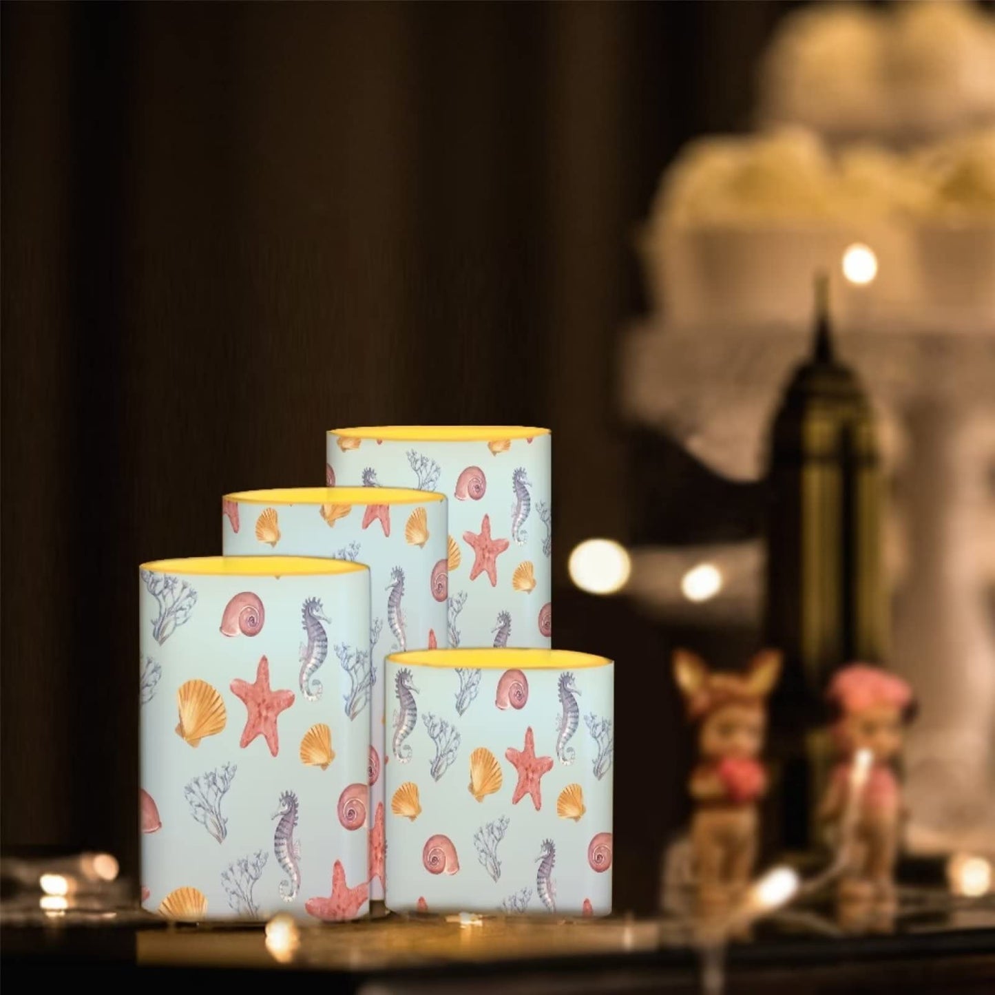 Cozeyat Starfish Design Candles 4 Packs,Electric Real Wax Pillar LED Tealight with Remote and Timer,Flickering Ivory Wax Pillar Moving Candles,Home Party Decoration