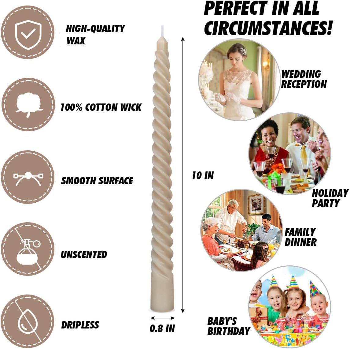 20 Pack 10 Inch Light-Mocha Spiral Taper Candles for Home Decor, Unscented Dripless Twisted Candlesticks for Weddings Dinner Holiday Decoration Formal Events