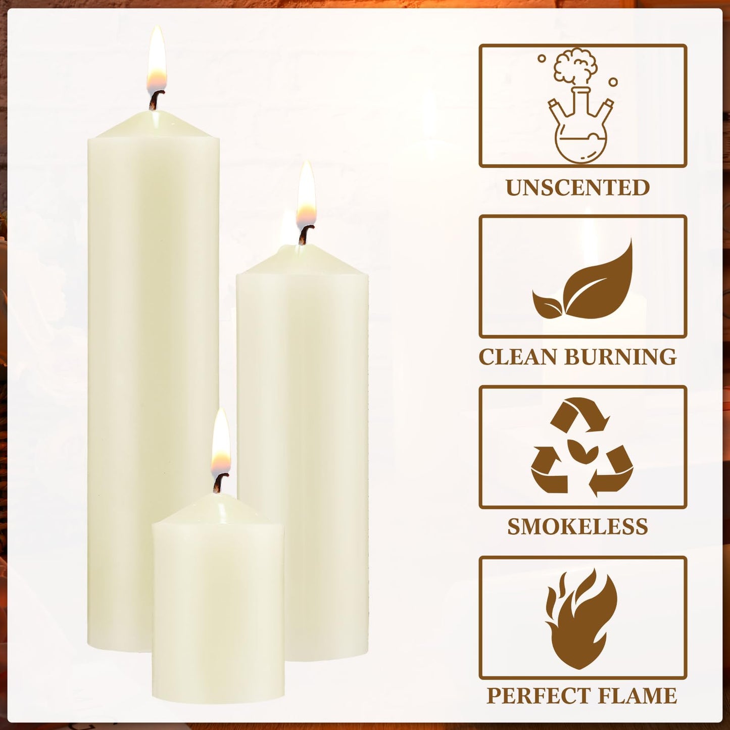 MTLEE 36 Pcs Pillar Candles Bulk Set of 3 Long Burning Wax Pillar Candles 2 in x 3, 6, 8 Inch Dripless Unscented Smokeless for Wedding Party Spa Lantern Fireplace Home(Ivory White)