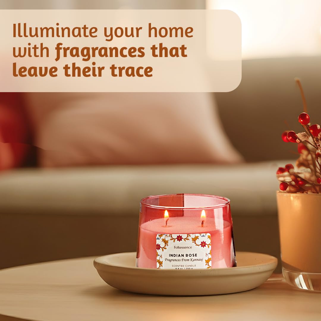 Folkulture Scented Candles- 8.8 Oz | Indian Rose Scented, Luxury Glass Jar Candles for Home, Gifts for Women, Her |Soy, Non Toxic Candle with 30 Hrs Burntime for Aromatherapy, Home Decor