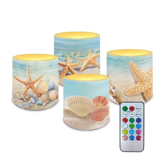 NETILGEN Beach Starfish Seashell Print 4 Packs LED Pillar Candles Battery Operated Color Changing Flameless Candles with Remote Control 3 inch Candles for Beach Party Decor