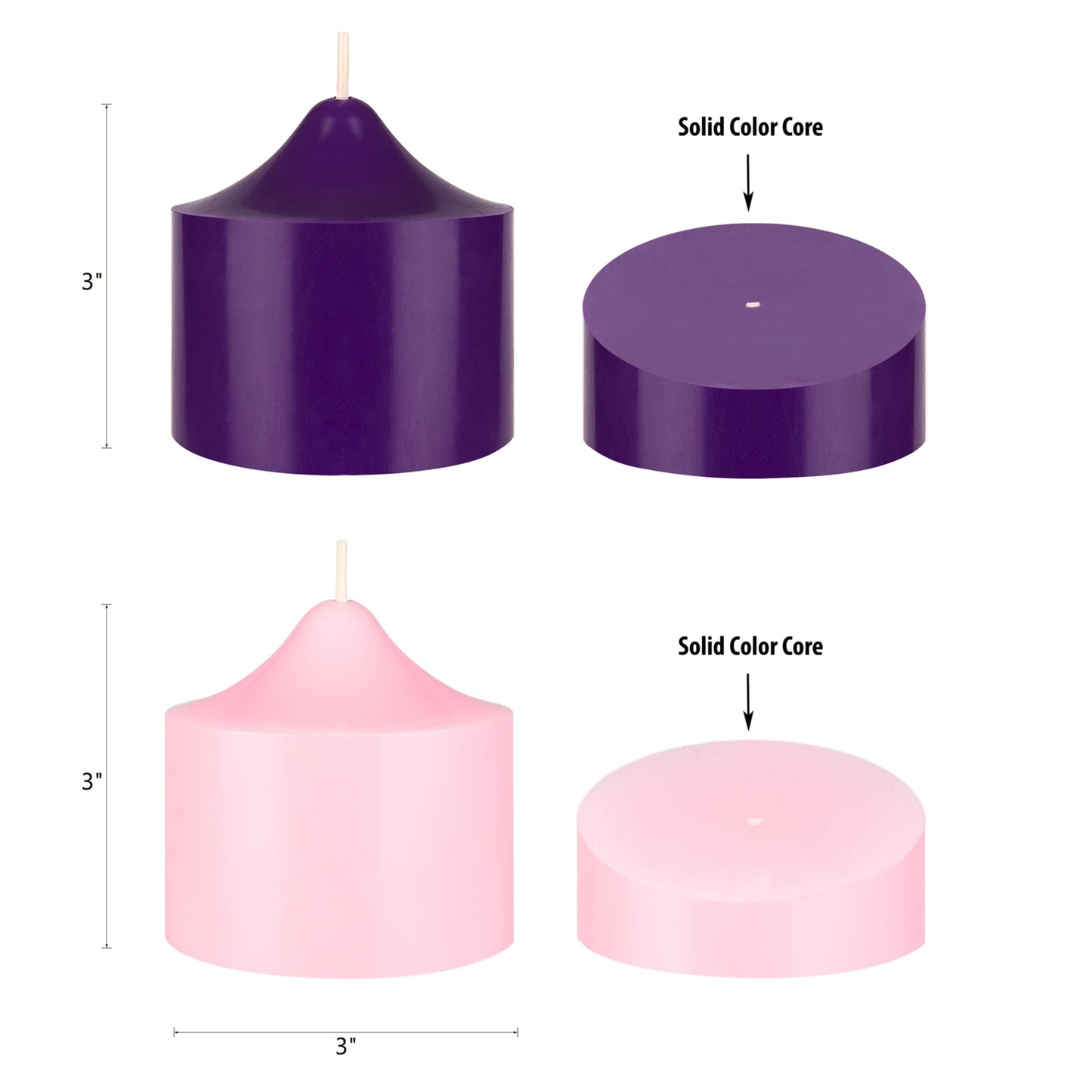 Mega Candles 4 pcs Unscented Christmas Advent Candles Set, Hand Poured Premium Wax Bell Top Round Pillar Candle 3 Inch x 3 Inch, Holidays, Festivities, Devotional, Church, Wreath, Party, Gifts