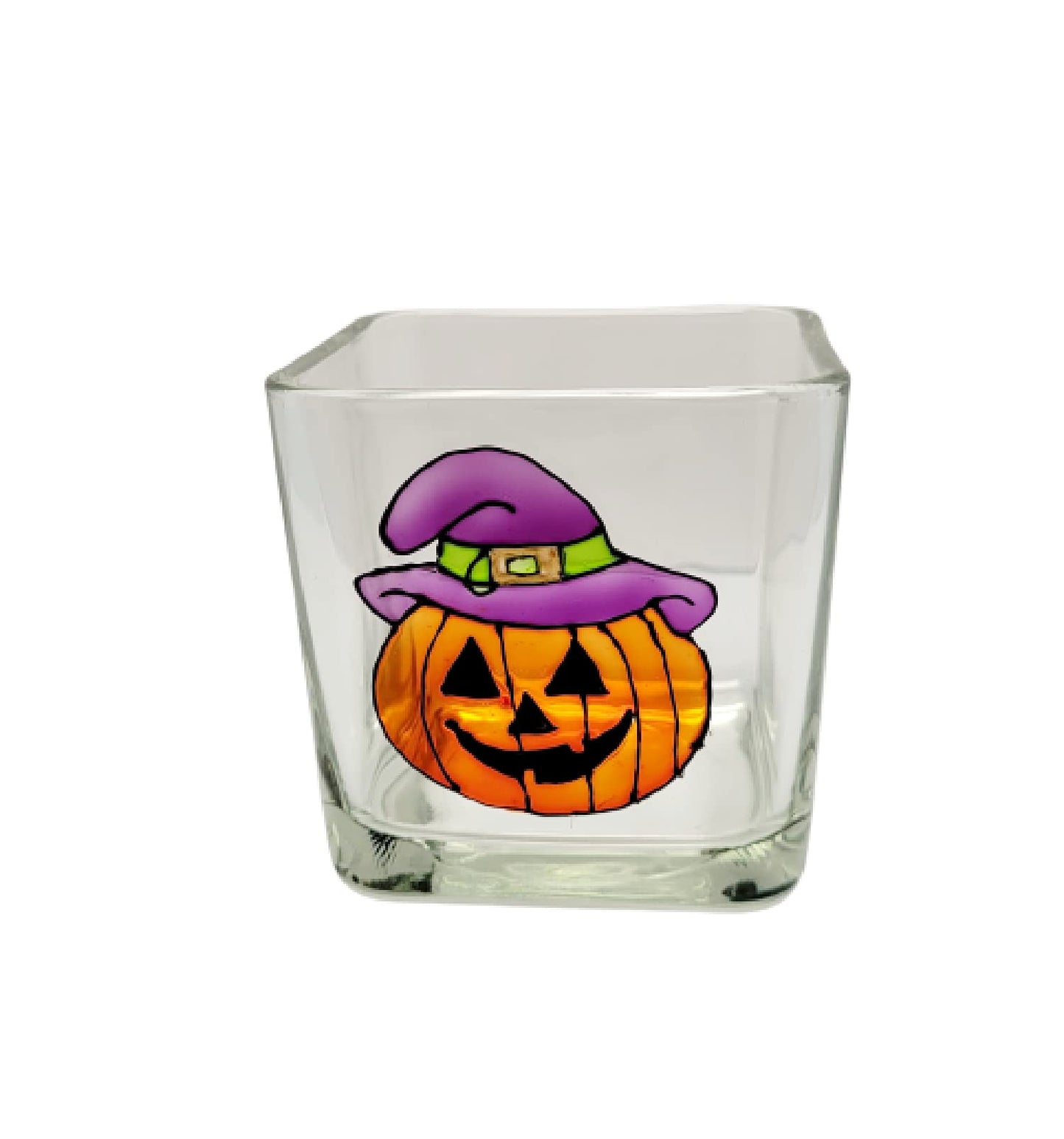 Orange Halloween Pumpkin Hand Painted Stained Glass Square Jack O Lantern Candle Holder