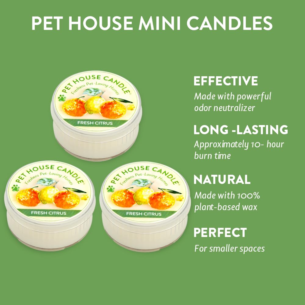 Pet House Mini Candles for Pet Odor Made with Natural Soy Wax, Plant Based, Dog and Cat Friendly Scented Candles, Fresh Citrus Pack of 3
