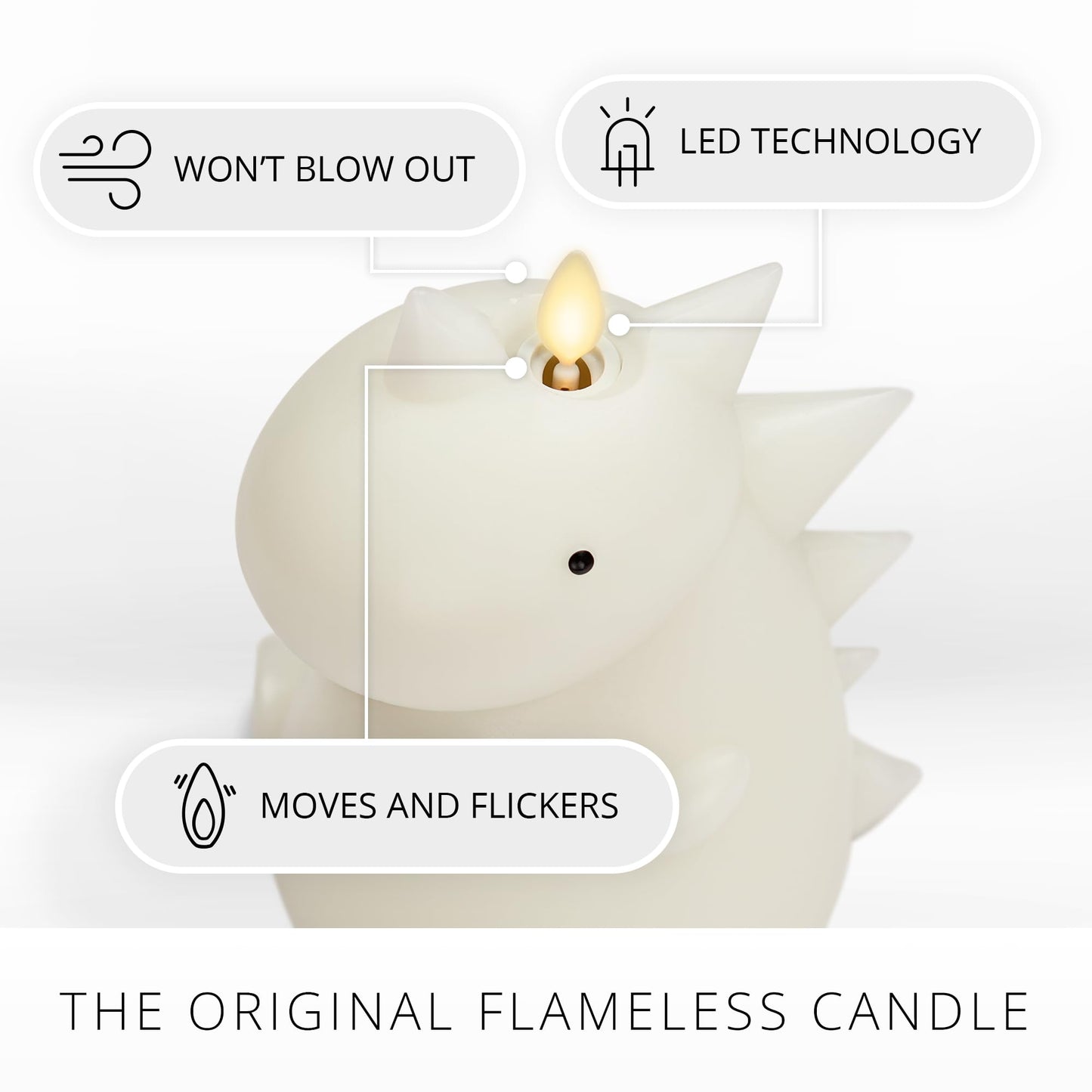 Luminara Flameless Dinosaur Figural Color Changing LED Candle, 5.7" x 6.7", Real Wax Moving Flame Battery Operated w/ 18 Button Remote, Unscented Safe