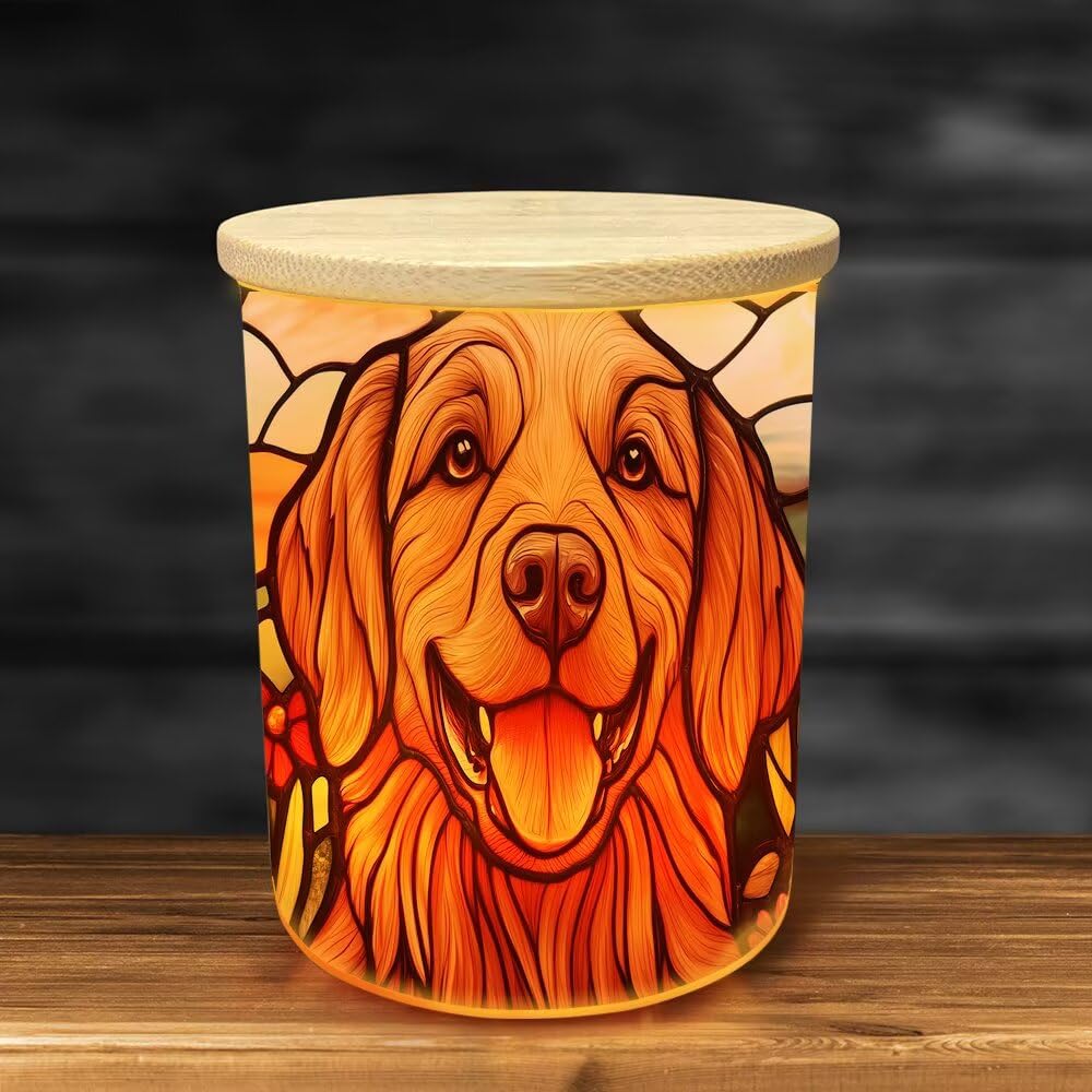 Stained Glass Golden Retriever Dog Tea Light Candle Holders, Pet Memorial Tealight Candle Holder Jar with Wooden Lid, Bereavement Remembrance Votive Candlesticks Dog Memorial Gifts for Loss of Dog