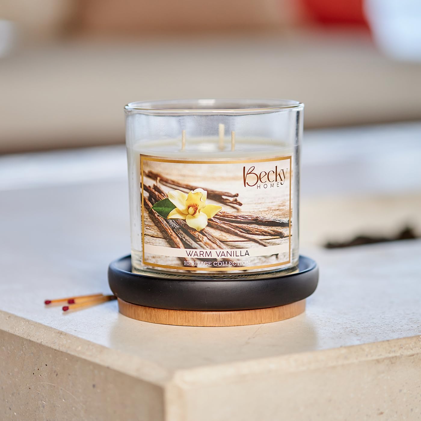 Becky Home Warm Vanilla 3 Wick Candle, 14.5oz, Large, Traditional, White, Glass Jar, 4" H x 4" D, 60+ Hour Burn Time, Indoor Use, 1 Count