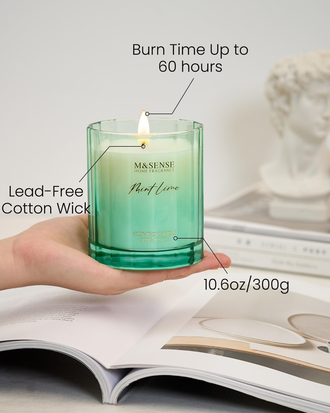 M&SENSE Mint Scented Candle - 10.6oz Natural Soy Wax 60-Hour Long Lasting Burn Time Non Toxic Relaxing Candle for Summer, Yoga, Spa & Stress Relief for Family Friends