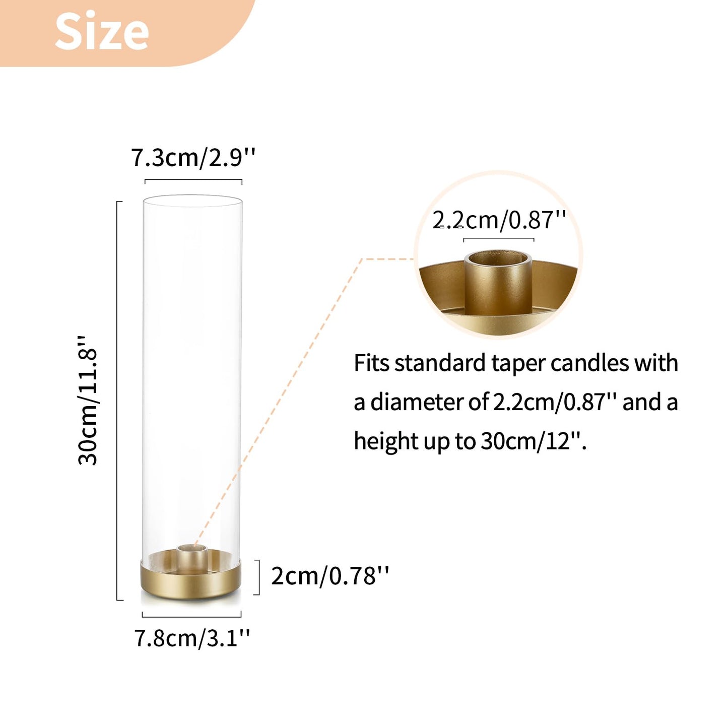 NUPTIO Hurricane Glass Candle Holders: 6 Pcs Gold Metal Taper Candlesticks Holder with 11.81 inch Long Clear Bottomless Cylinder Cover Stands for Wedding Anniversary Bridal Shower Table Centerpiece