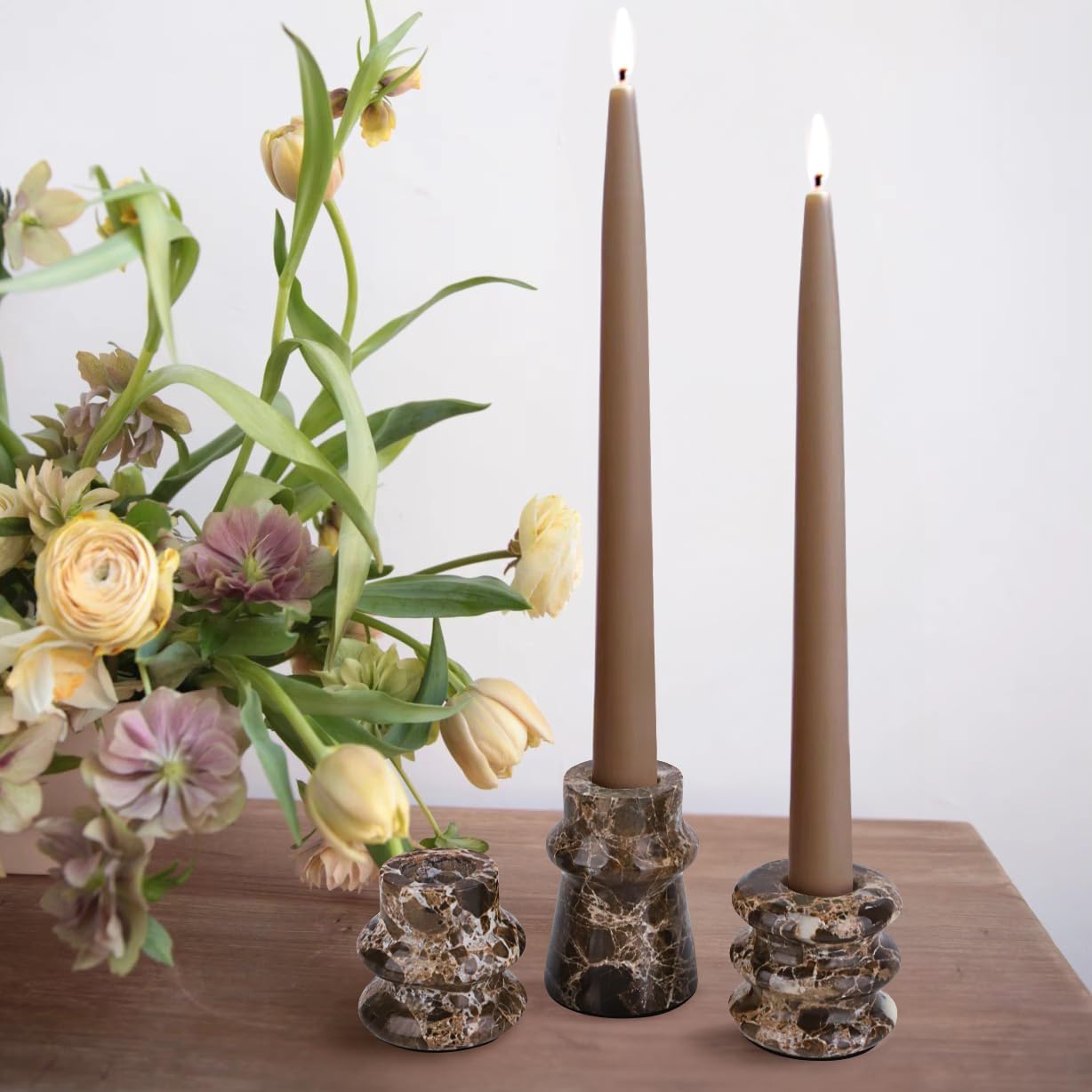 Vixdonos Marble Candle Holder Set of 3 Taper Candle Candlestick Mantle Candle Stand for Home Decor,Wedding,Party and Table Centerpieces(Brown)