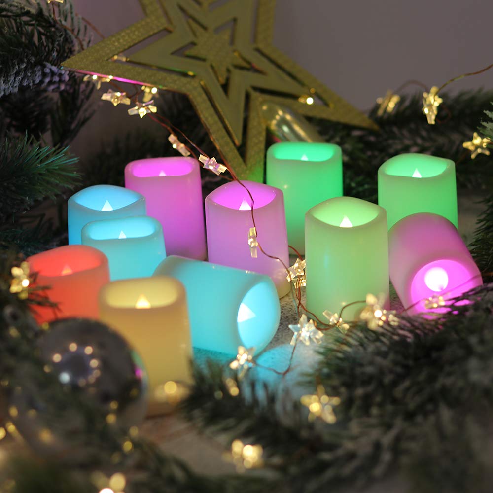 DRomance Color Changing Flameless Votive Candles with Remote and Timer, Battery Operated White LED Flickering 12 Pack Halloween Christmas Decor (1.5 x 2 Inches)