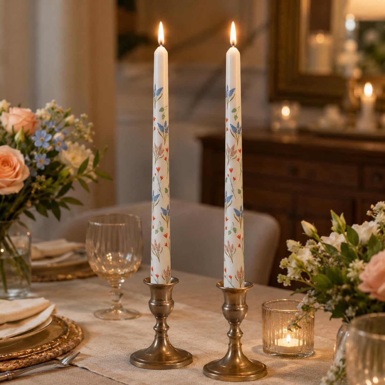 Hyacinth Printed Taper Candles Set of 2, 10 Inch Handmade Tapered Candles, Unscented Floral Candle Stick Style Candlesticks for Wedding Home Decor Gift