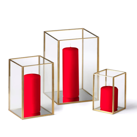Yummi Set of 36 Slim Pillar Candles & Gold Luxus Lanterns - Ruby Red