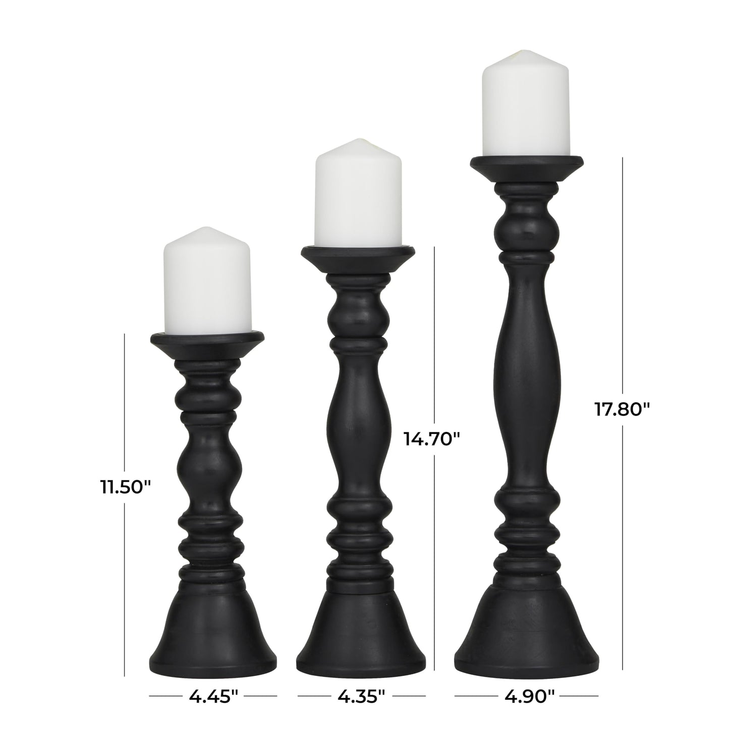 Deco 79 Wood Decorative Candle Holder Turned Style Pillar Candle Stand, Set of 3 Candlestick Holder 18, 15, 12'H, Black