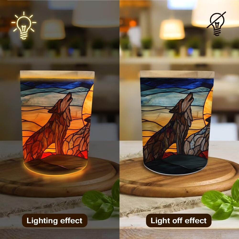 Stained Glass Wolf Howling at The Moon Tea Light Candle Holders, Tealight Candle Holder Jar with Wooden Lid, Votive Candlesticks for Table Centerpieces, Christmas,Birthday Party,Home Decor