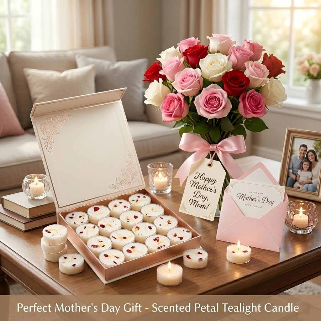 48Pcs Rose Scented Tealight Candles, Palm Wax White Tea Lights, 4h Long Burning Tea Light Candles with Dried Flowers for Holiday, Wedding, Spa, and Home Decoration