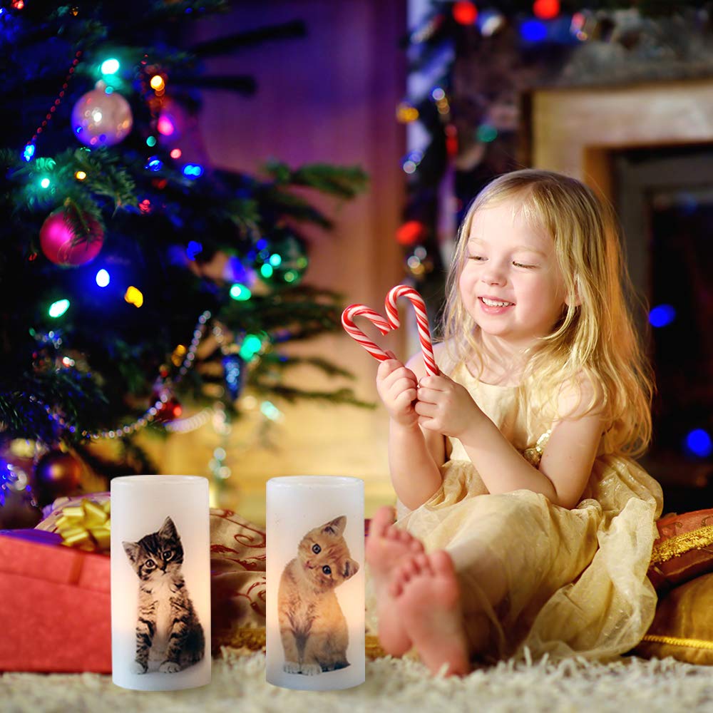 Wondise Flameless Flickering Candles with Remote and Timer, Battery Operated Real Wax Pillar Candles with Lovely Cat Decal for Christmas Home Decoration Gifts(3 x 3 x 6 Inch)