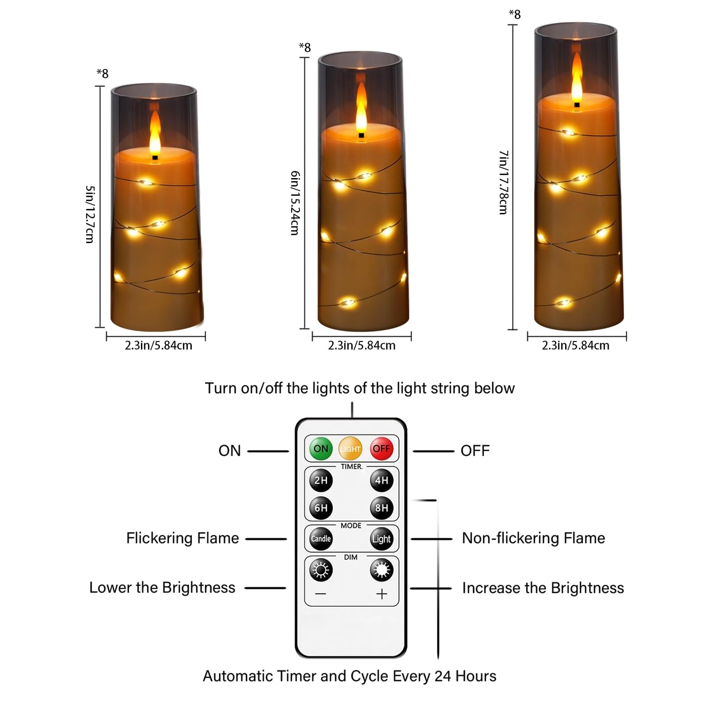 Flameless LED Candles with Timer 24 Pc Flickering Flameless Candles for Romantic Ambiance and Home Decoration Stable Acrylic Shell,with Embedded Star String，Battery Operated Candles（Grey）