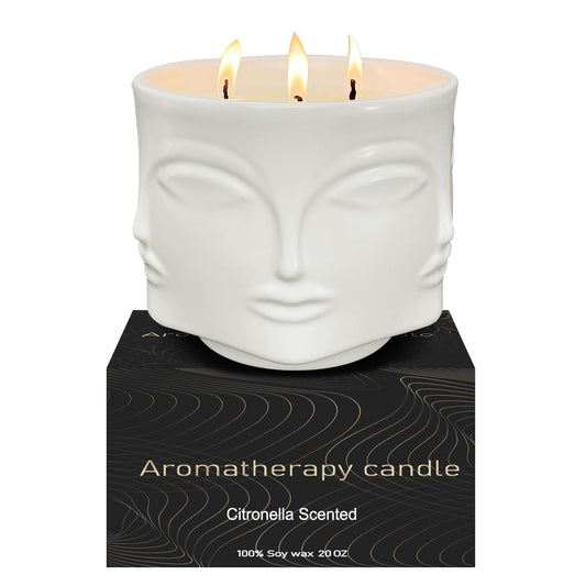 Outdoor Decorative White Large Citronella Candle, 20oz, Ceramic, 3 Wick Scented Candles, 100% Soy, for Patio Decor, Outside Table Decor, Camping Accessories