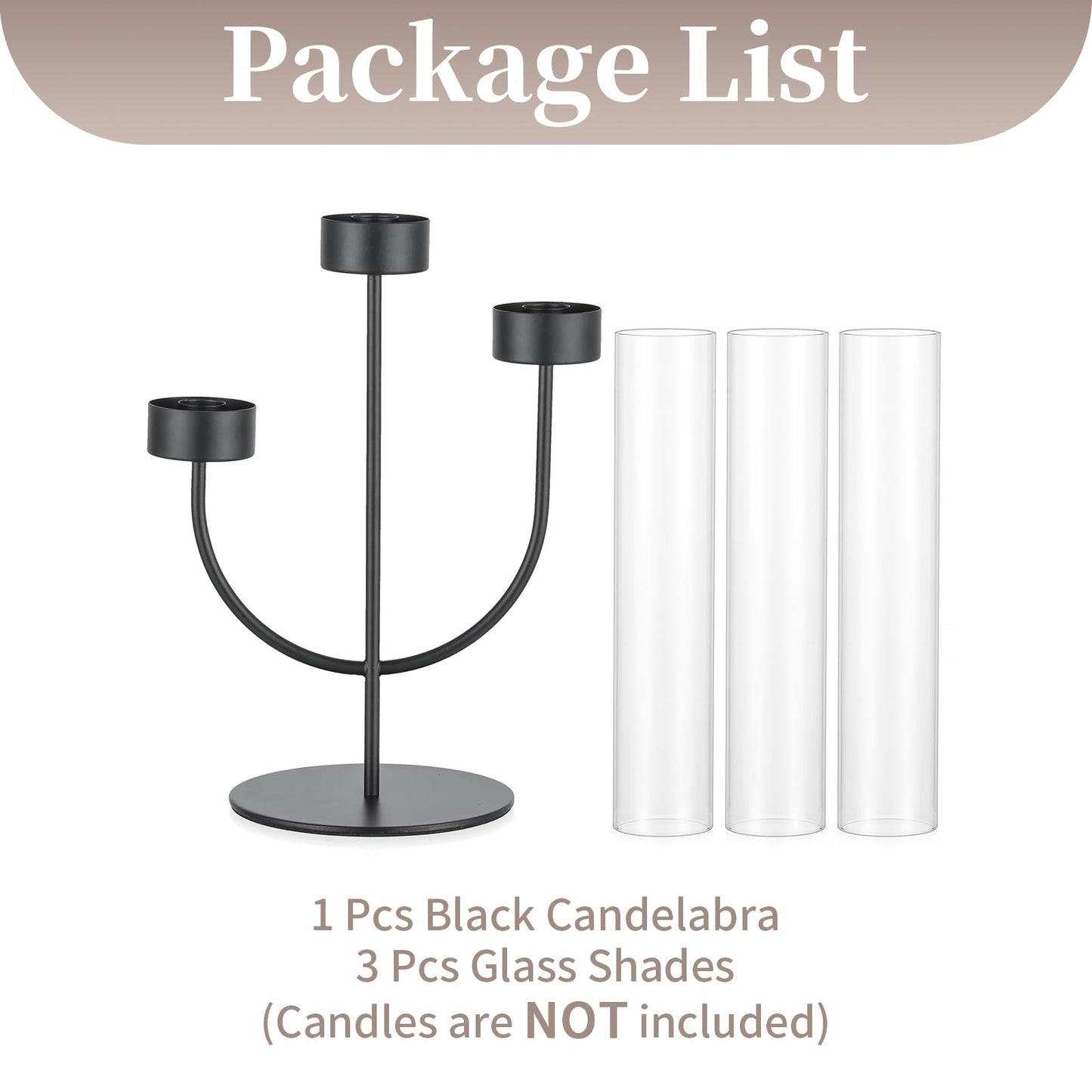Sziqiqi Black Candelabra Candle Holder: 3 Arm Candlesticks Holder Decor with Glass Hurricane for Dining Table Centerpiece - Metal Candelabra for Halloween Outdoor Dinner Fireplace