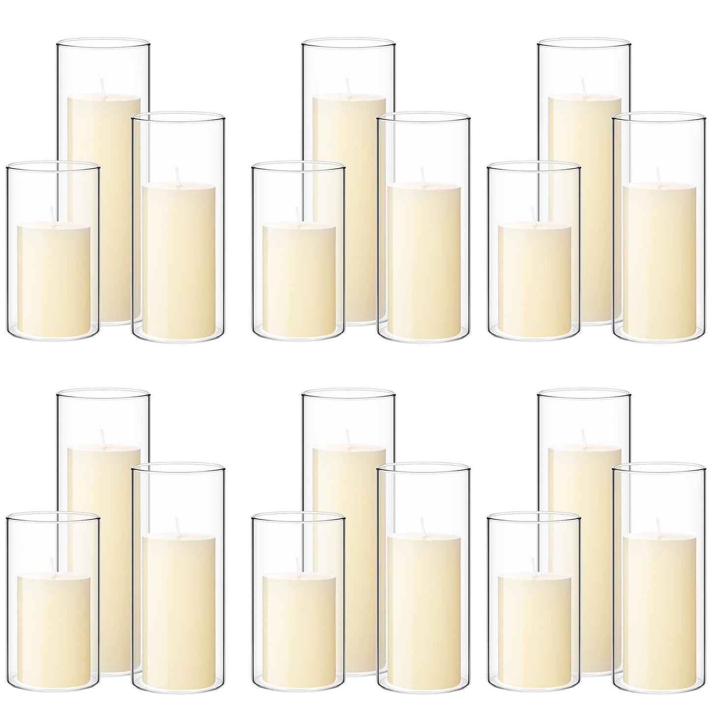Shihanee 36 Pcs Pillar Candles and Glass Cylinder Vases Tall Cylinder Holders for Pillar Candles Wedding Centerpieces, Total 18 Sets(2.6'' X 4.7'', 5.9'', 7.9'',Clear,Ivory)