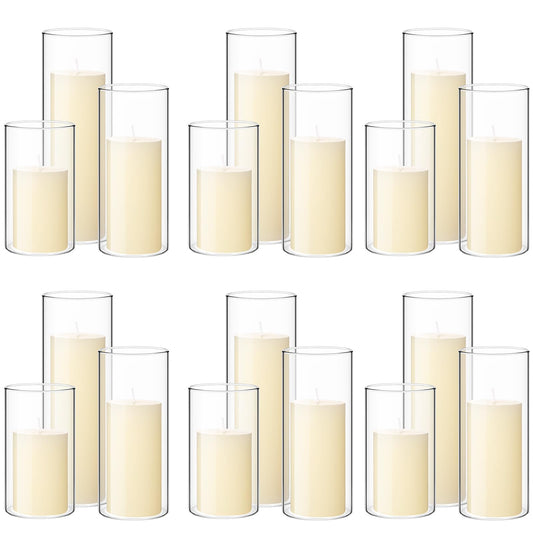 Shihanee 36 Pcs Pillar Candles and Glass Cylinder Vases Tall Cylinder Holders for Pillar Candles Wedding Centerpieces, Total 18 Sets(2.6'' X 4.7'', 5.9'', 7.9'',Clear,Ivory)