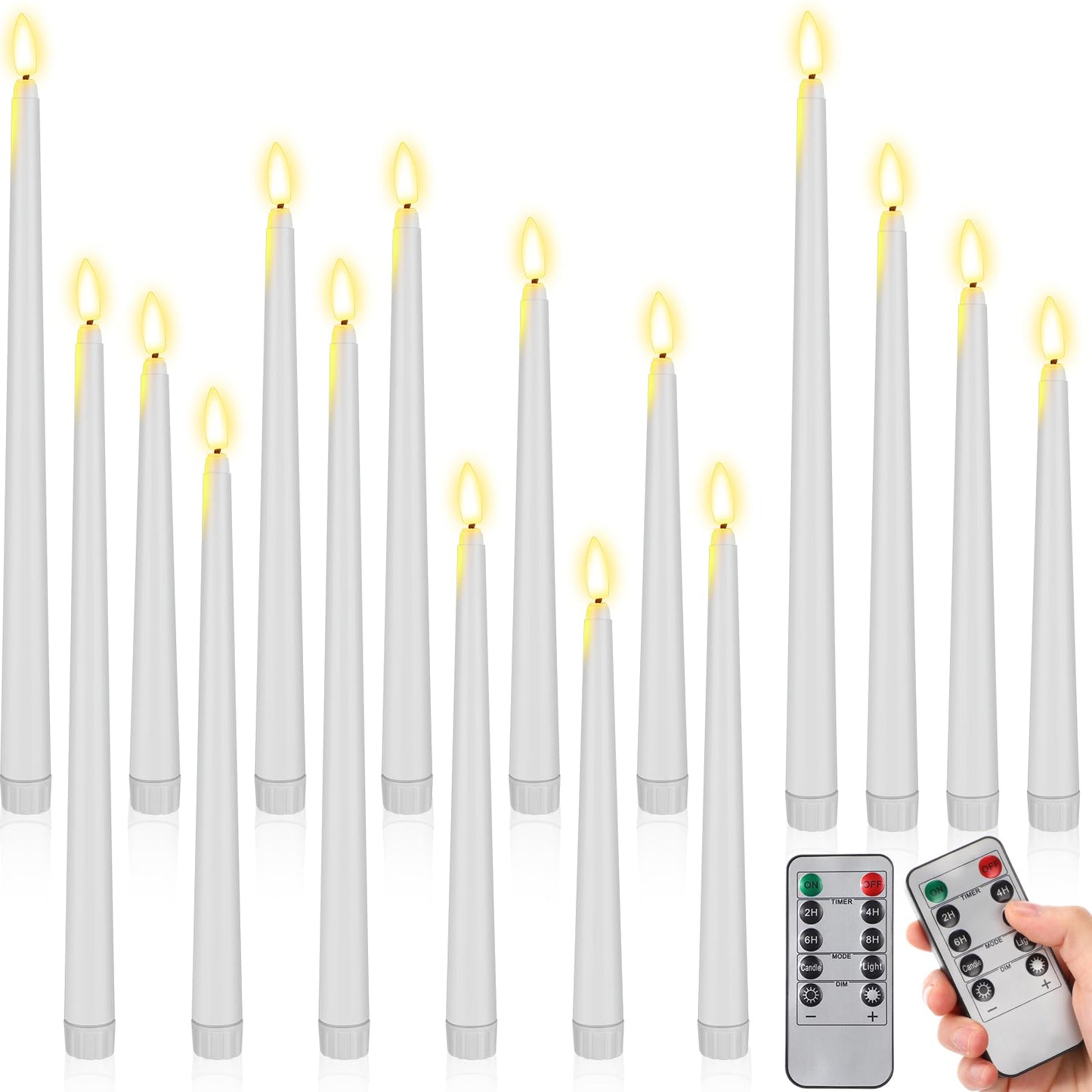 Rossesay 16 Pcs White Flameless Taper Candles Battery Operated Candles with Remote Timer 8.5" 9.6" 10.8" 12.8" Multiple Sizes White LED Flickering Candlestick for Wedding Party Centerpieces Decor