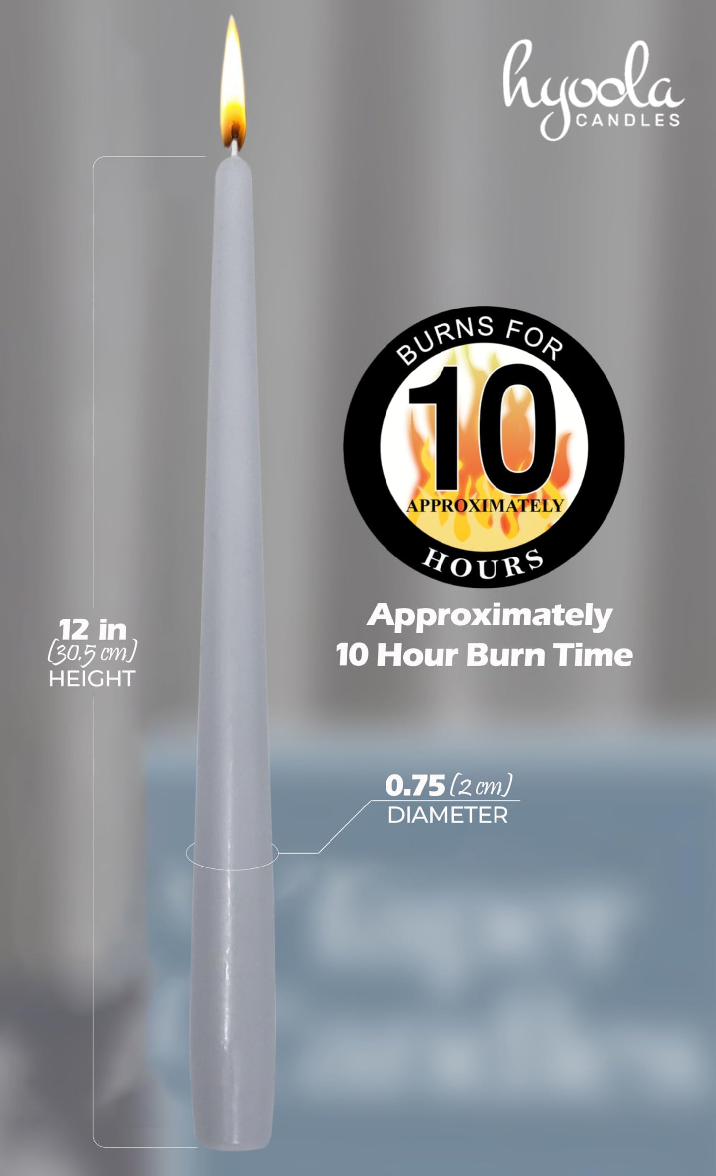 Hyoola Tall Taper Candles - 12 Inch Silver Grey Unscented Dripless Taper Candles - 10 Hour Burn Time - 12 Pack