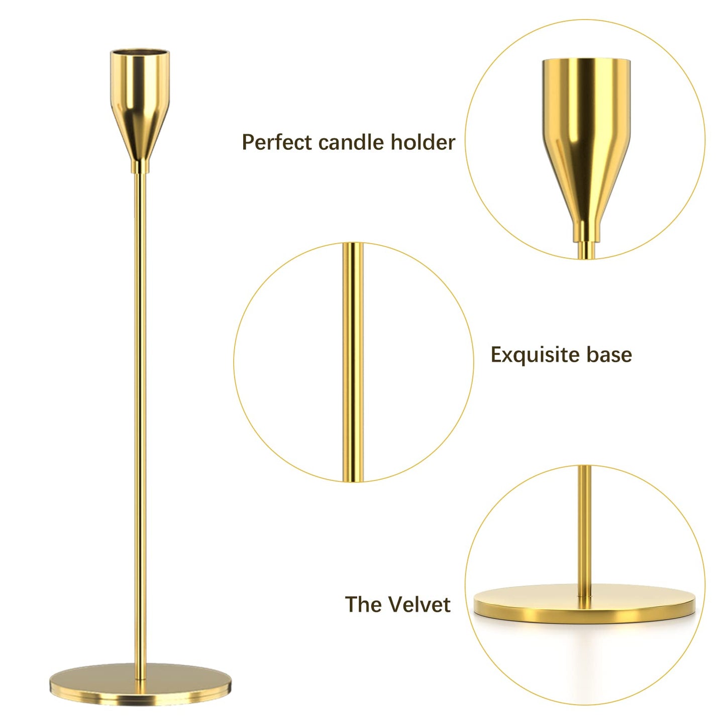 SUJUN Candle Holders Set of 3 for Taper Candles, Decorative Candlestick Holder for Wedding, Dinning, Party, Fits 3/4 inch Thick Candle&Led Candles (Metal Candle Stand) (Gold)