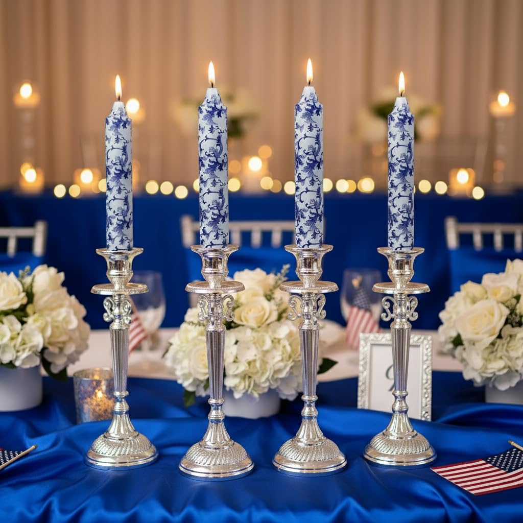 7 Inch Blue and White Short Taper Candles Hand Poured Unscented Smokeless Clean Burning Chinoiserie Taper Candles for Wedding Dinner Home Meditation Morning Coffee Ritual Breakfast Table Everyday