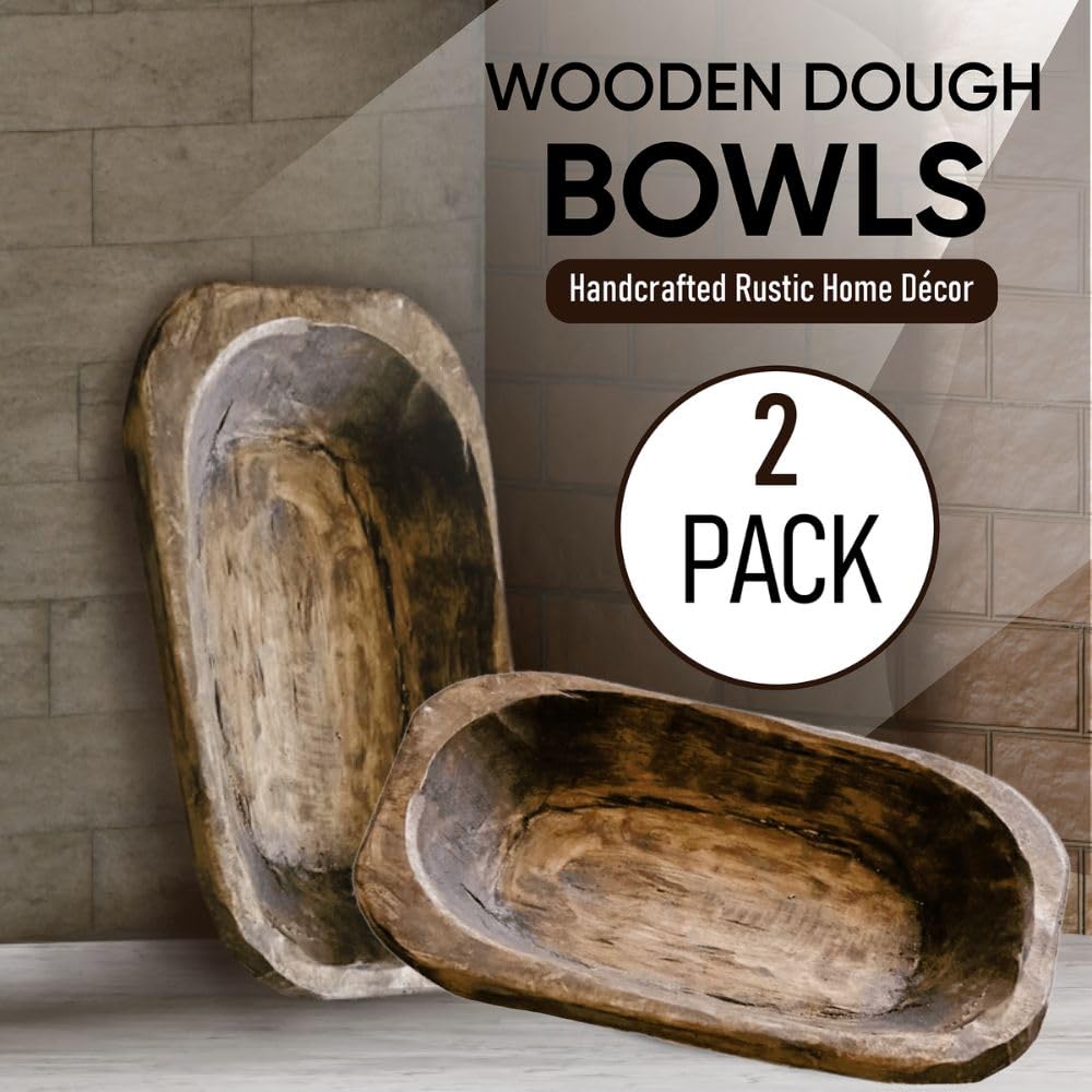 Dough Bowl Candle Company - 2-Pack 10x6 Wooden Dough Bowls for Decorative Dining Table Centerpiece, Candle Making, Versatile Wood Bread Bowl, Serving Tray, Handcrafted Rustic Home Décor