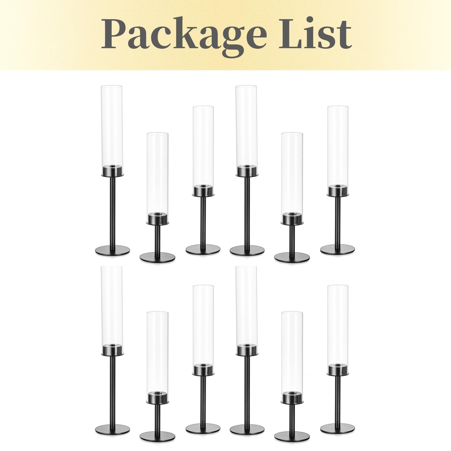 Hewory Black Candlestick Holders Hurricane Candle Holder, 12Pcs Candle Stick Candle Holder Candelabra, Taper Candle Holders with Glass Candle Cover for Wedding Table Centerpiece Christmas Decor