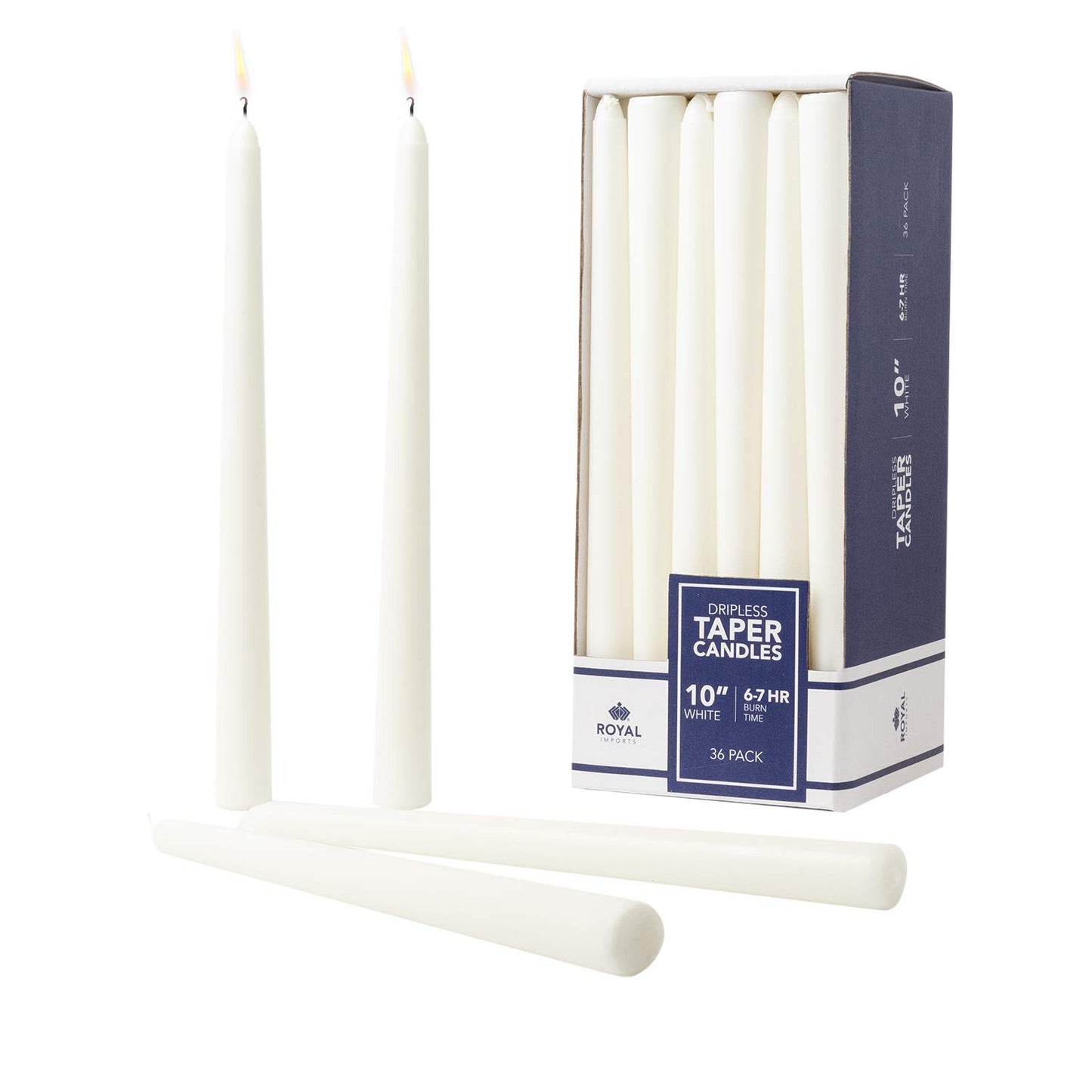 Royal Imports Unscented Taper Candles, Elegant Premium Quality, Dripless & Smokeless, Hand-Dipped Dinner Candles for Wedding, Holiday, Home Decor - 7 Hour Burn Time - Set of 36 (10 Inch, White)