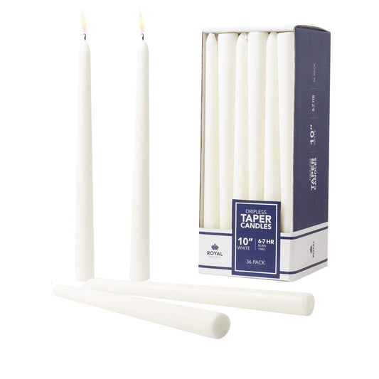 Royal Imports Unscented Taper Candles, Elegant Premium Quality, Dripless & Smokeless, Hand-Dipped Dinner Candles for Wedding, Holiday, Home Decor - 7 Hour Burn Time - Set of 36 (10 Inch, White)