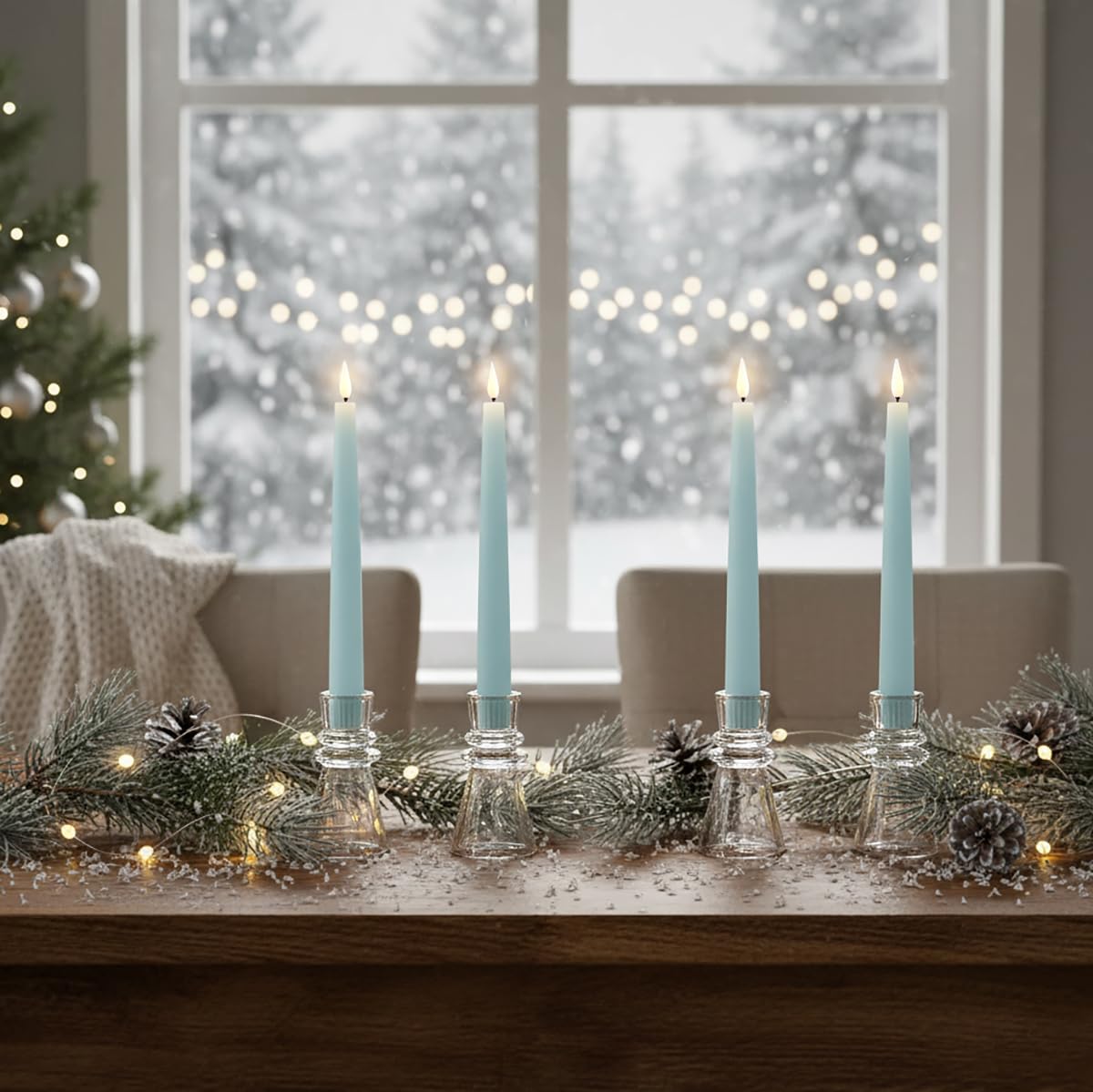 LampLust Flameless Taper Candles with Remote, 9 Inch, 4 Pack Pastel Blue Candlesticks, LED Flickering Flameless Candles for Baby Shower Gender Reveal Decoration, Summer Home Decor, Table Centerpiece