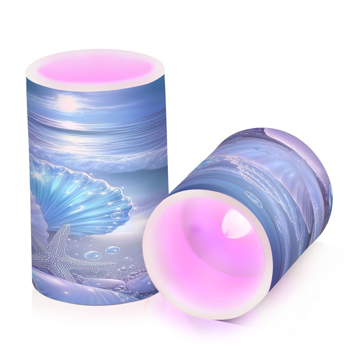 Glowing Blue Sea Conch Shells Star Flickering Flameless Candles LED Battery Operated with Remote Timer Pillar Candles for Home Birthday Wedding Christmas Decor, Set of 2