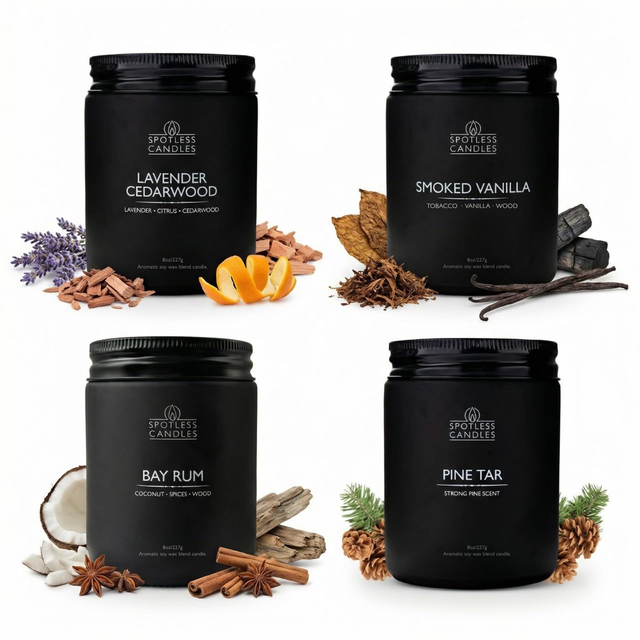 Men's Candle Gift Set; 4 x 8oz Scented Candles; Bay Rum, Pine Tar, Smoked Vanilla, Lavender Cedarwood; 200 Hours Burn Time; Matte Black Glass Jars; Premium Black Gift Box by Spotless Candles