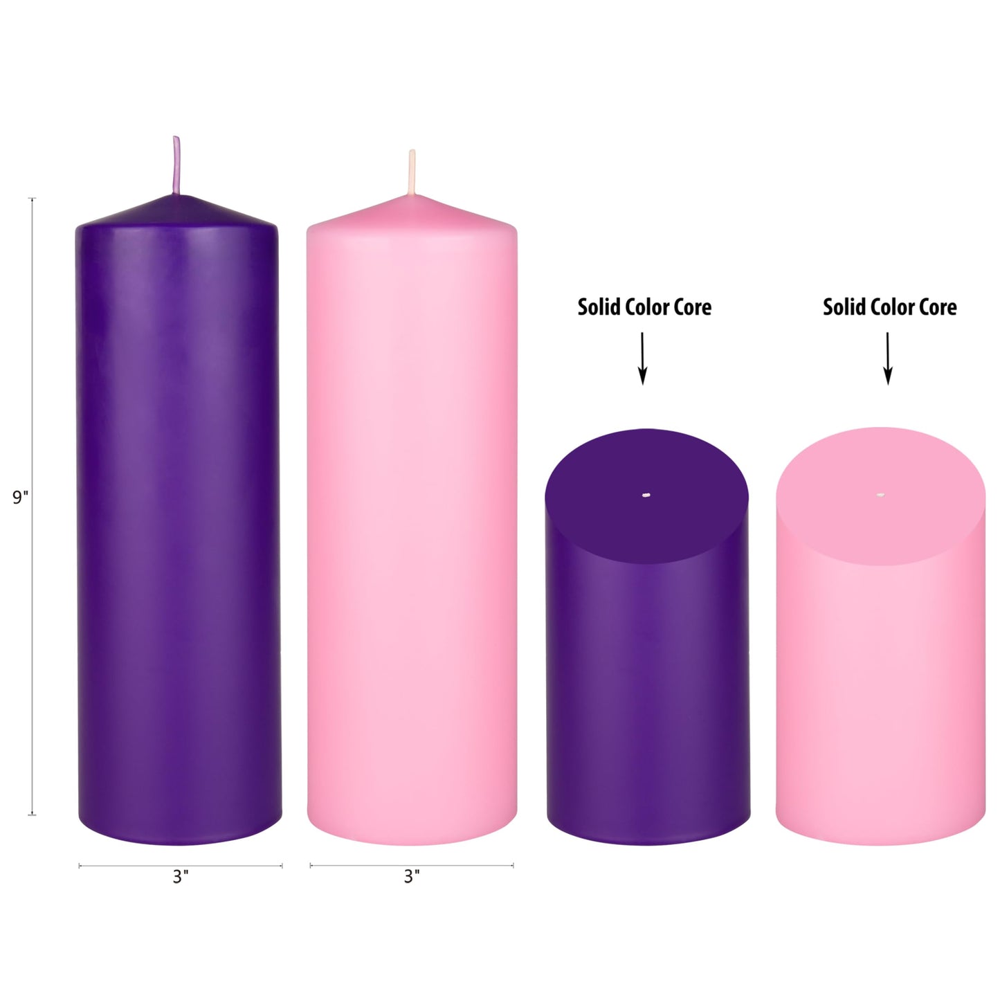 Mega Candles 4 pcs Unscented Christmas Advent Candles Set, Hand Poured Premium Wax Dome Top Round Pillar Candle 3 Inch x 9 Inch, Holidays, Festivities, Devotional, Church, Wreath, Party, Gifts