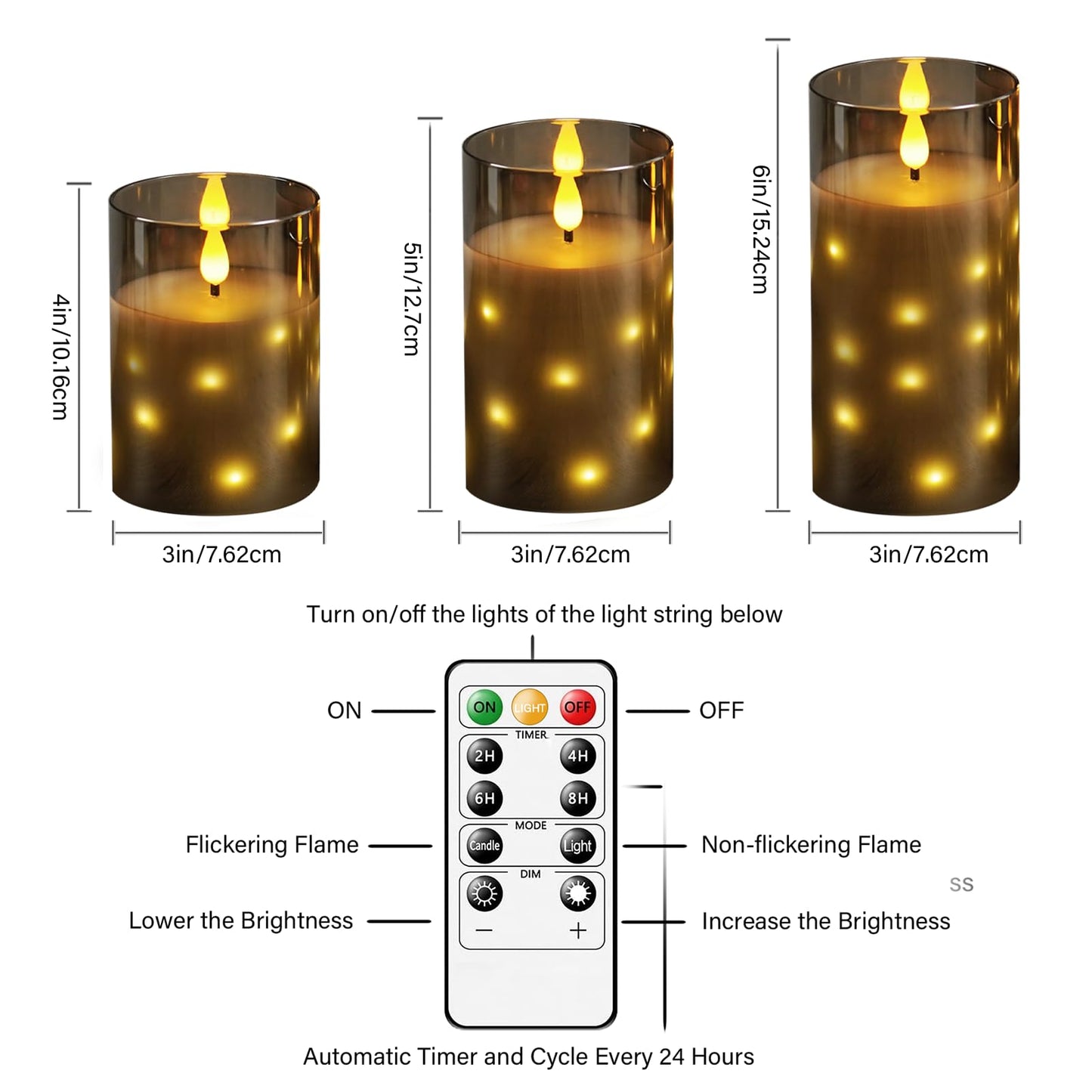 Nimiko Real Wax Flameless Candles Glass,Battery Operated LED Candles with Flickering Flame,Glass Shell,Interior Star Light Decoration Set of 3 Grey (D 3"×H 4" 5" 6") for Home Decor,Holiday Decoration