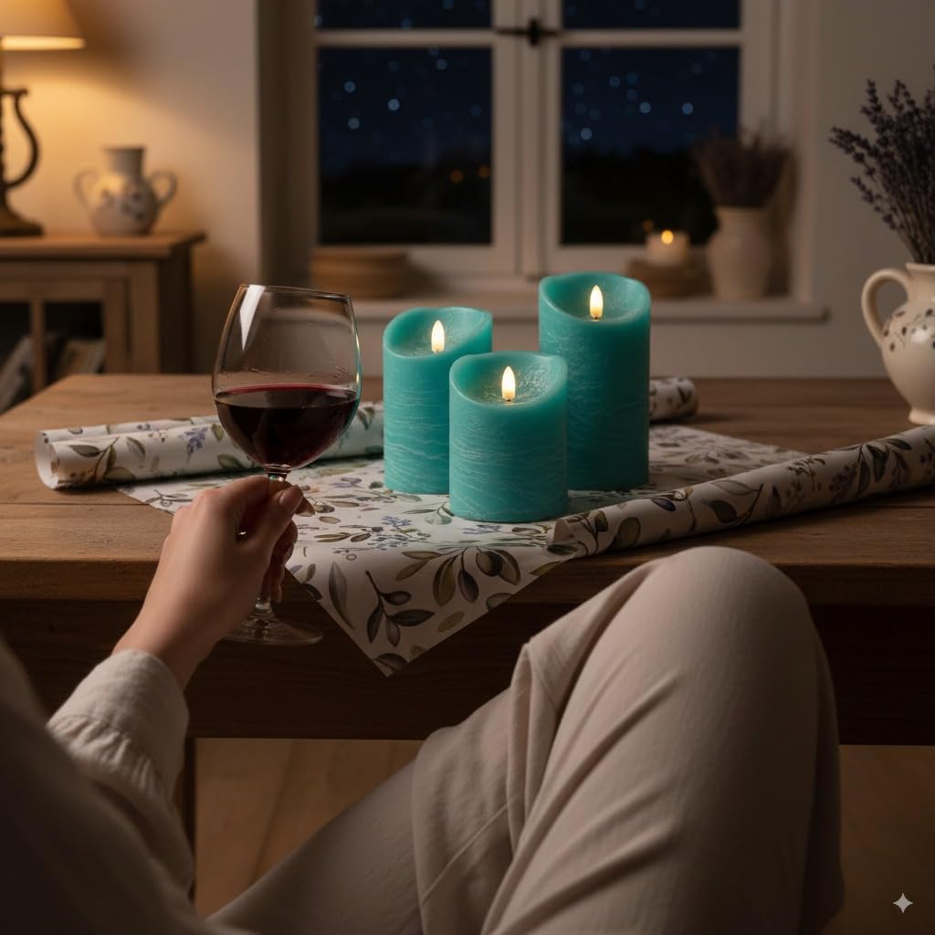 VENTA Turquoise Real Wax Flameless Candles, Set of 3 | Realistic Teal LED Pillar Candles with Remote & Timer | Perfect for Coastal, Beach House & Nautical Decor