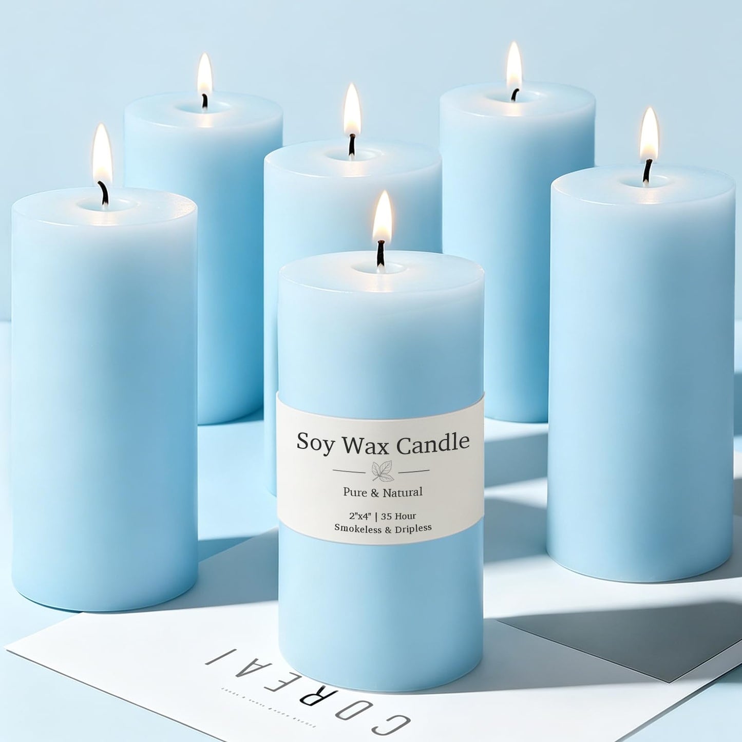 Soy Pillar Candles, 210 Hours Hand-Poured Blue Unscented Pillar Candles Natural Soybean Candle for Home, Wedding, Smokeless & Dripless, Party, Spas, Dinner-2x4in-6pack