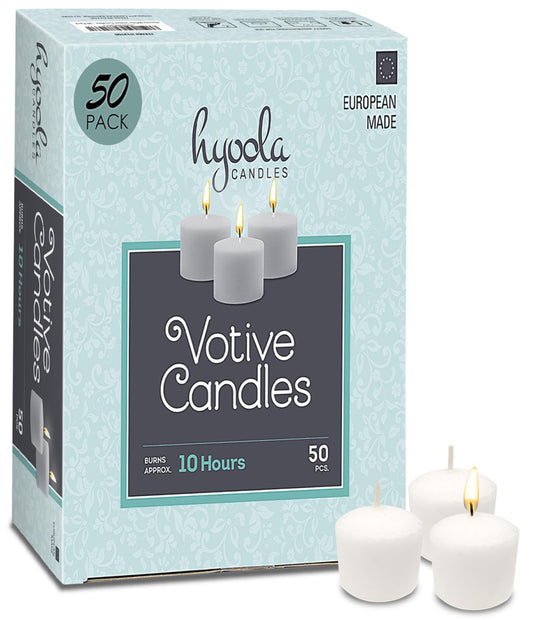 Hyoola Votive Candles - 10 Hour Burn Time - Unscented Candles Votives Bulk - Pack of 50 White Candles - European Made