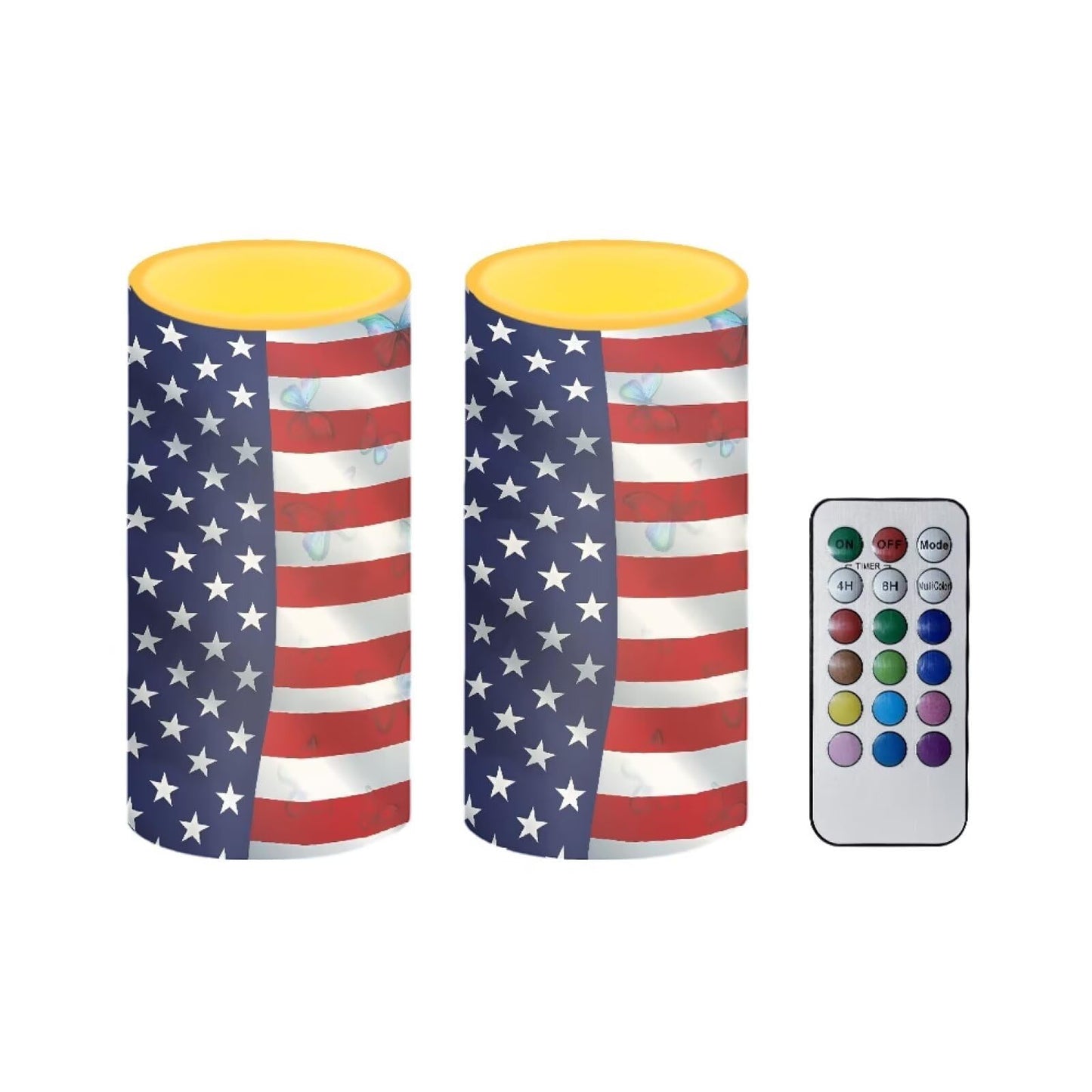 Luarisgur Flameless Candles LED American Flag Decorative Candles Butterfly Print Battery Operated Ornage Flickering Candles with 18-Key Remote Timer Pillar for Home Living Room Party Table Decorations