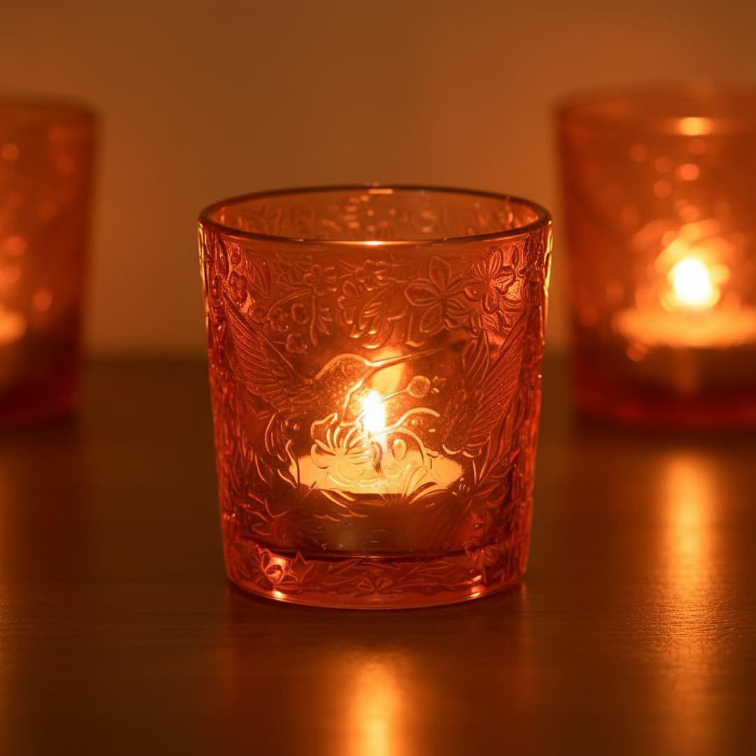 6 Pack Hummingbird Embossed Glass Candle Holders Votive Tealight Holders with Patent Design, Decorative Glass Cups for Wedding Centerpieces, Parties, and Home Decor (Pumpkin Spice)