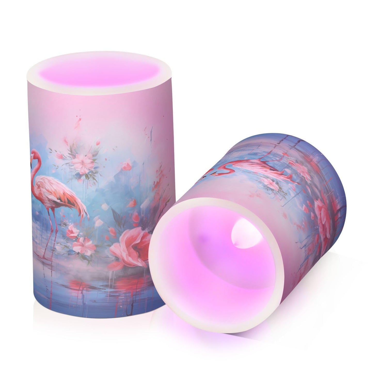 ALAZA Pink Flamingos with Flowers Flickering Flameless Candles Battery Operated with Remote Timer,Tea Light Candles LED Pillar Votive Candles Set of 2 for Outdoor Indoor Decorations