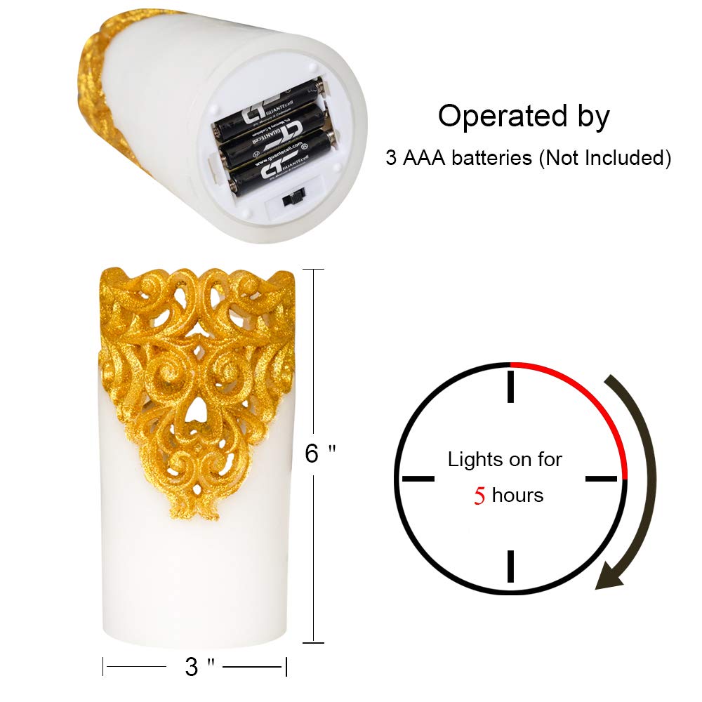 DRomance Hollow Gold Flameless Flickering Candles with 5H Timer, Battery Operated LED Pillar Candles Unscented Wax Warm Light Christmas Home Decoration(Set of 2, 3 x 6 Inches)