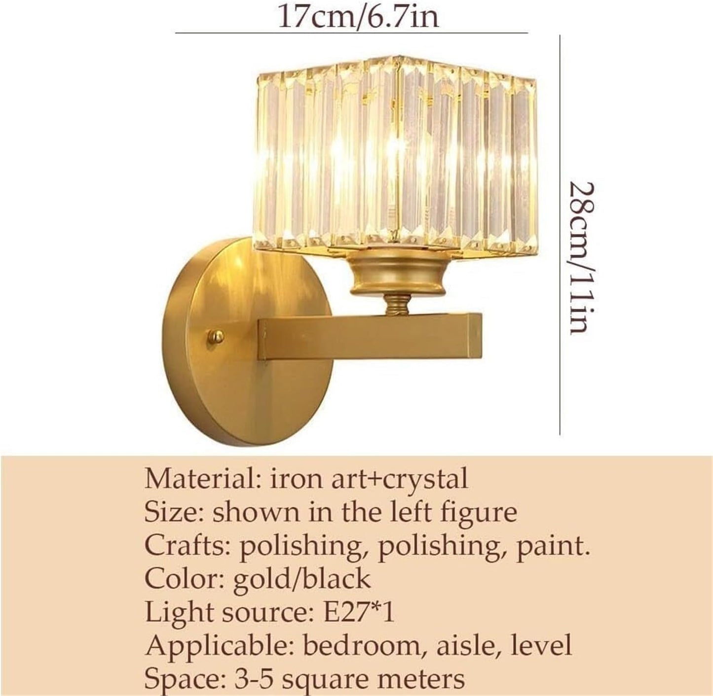 JIIPOREGJ Modern Gold Crystal Wall Sconce, Black Square Crystal Wall Mounted Light Fixture, Decorative Candle Style Wall Lamp for Indoor Bedroom, Bathroom Vanity, Hallway, Living Room, Con