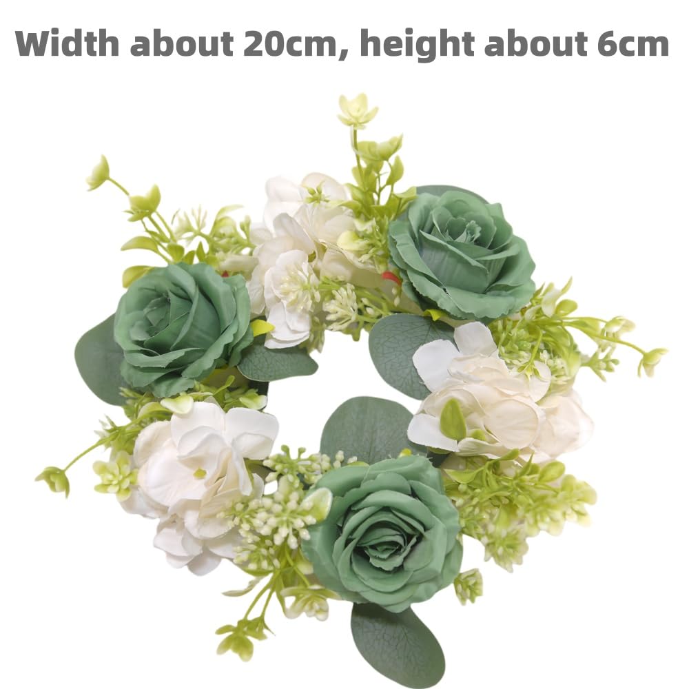 4 Pcs Candle Rings Wreaths,Artificial Hydrangea Wreath Candles Wreaths for Pillars Christmas Wedding Home Table Party Decoration (Green)