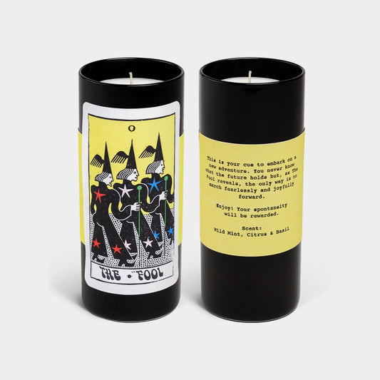 Tarot Candle - The Fool Card - Soy Wax Candle with Unique Tarot Illustration & Tarot Reading - Scented with Wild Mint, Citrus & Basil - 60 Hours Burn Time - 6” Tall - Tarot Cards, Tarot Gifts