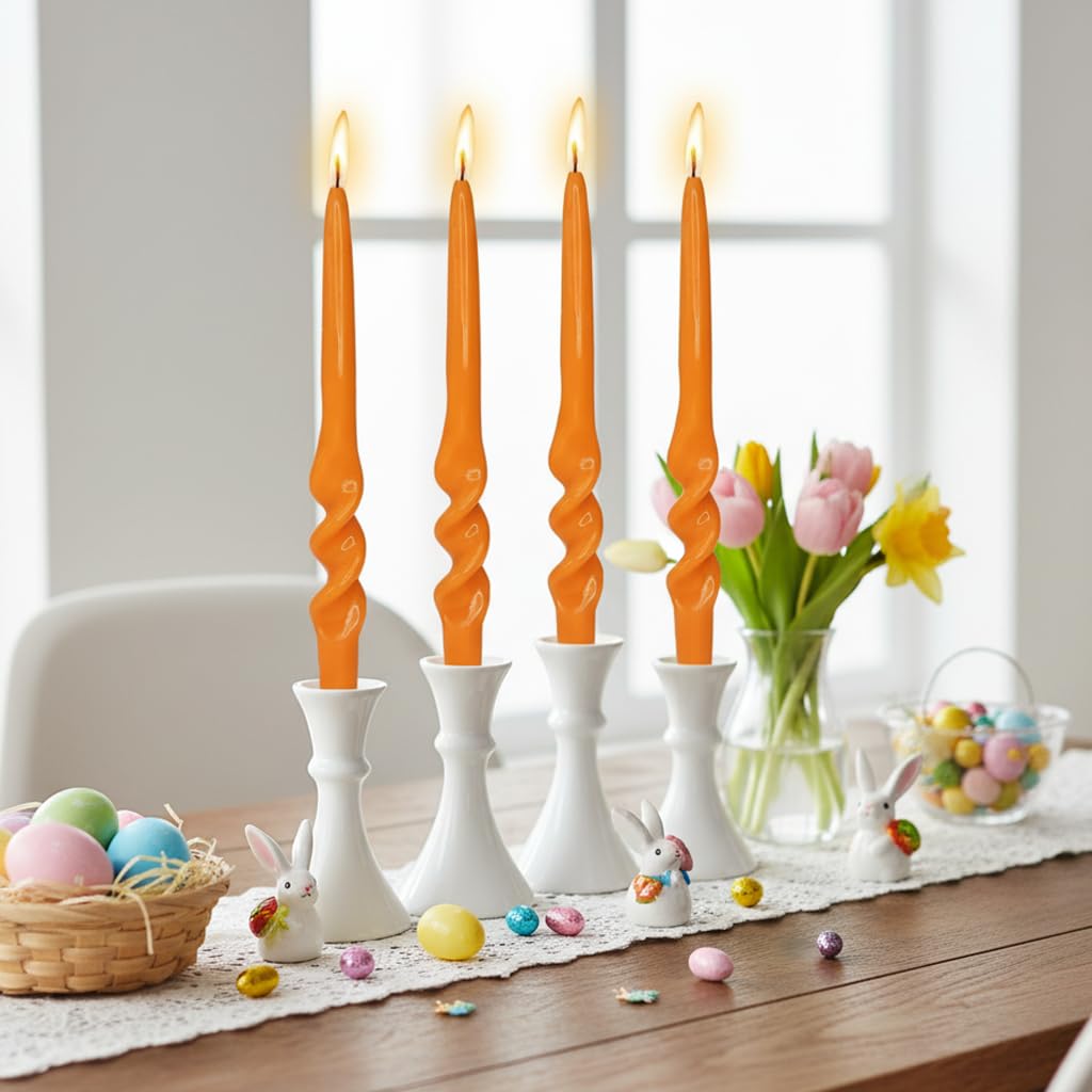 Orange Candlesticks Spiral Taper Candles, 10 Inch Dripless Unscented Twisted Dinner Candles Decorative Candle for Easter Table Mother’s Day Wedding Centerpieces Home Party Decor,4 Pack